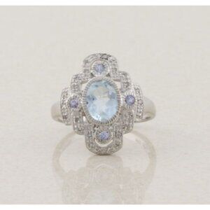 10k White Gold Natural Aquamarine Tanzanite Diamond Ring Size 8
